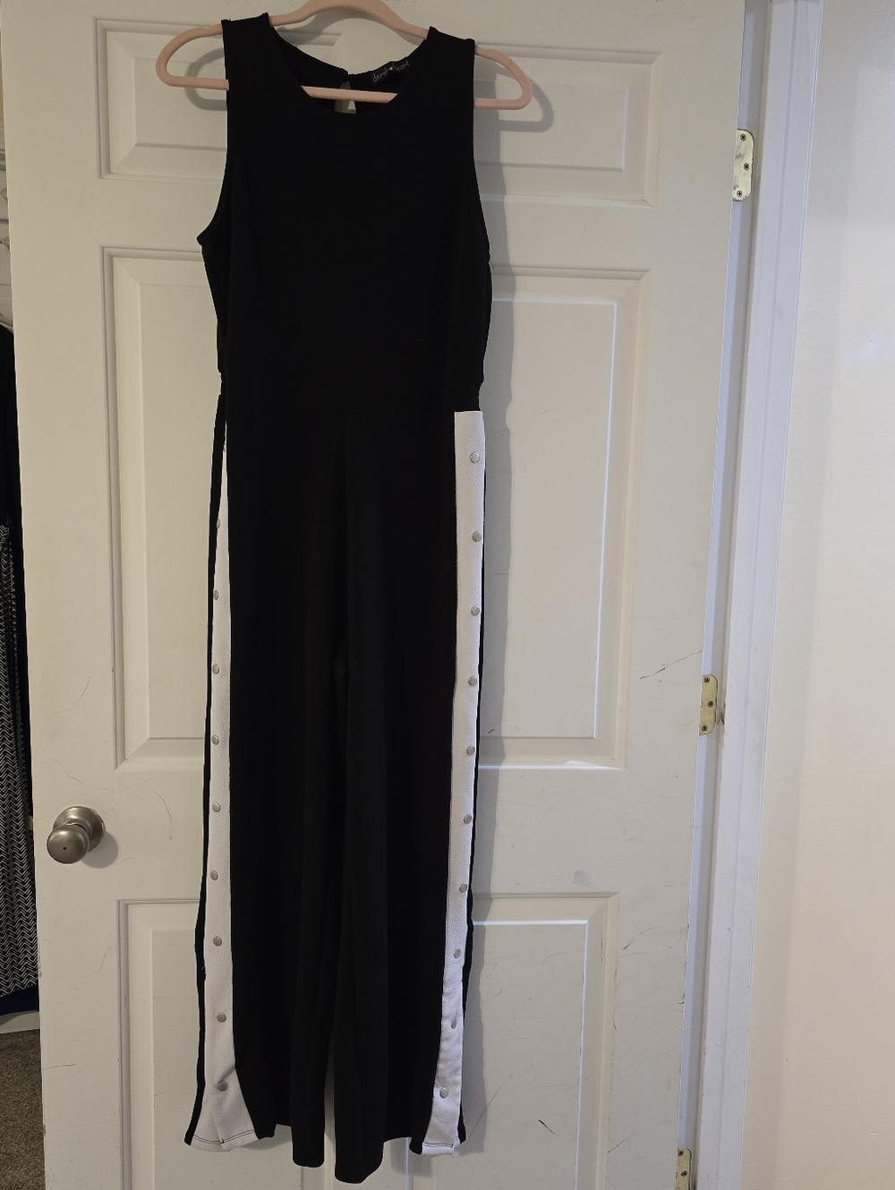 Derek Heart Sleeveless Black Jumpsuit with White Side Stripe